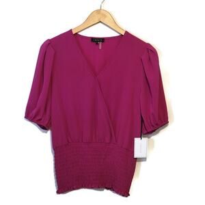 1.State Pink Faux Wrap Blouse Puff Sleeve Smock Waist Top Office Work Casual S